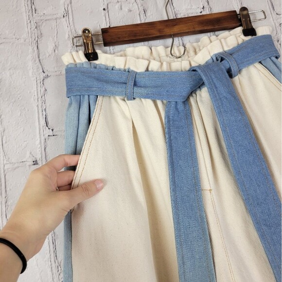 FRNCH Sylvia woven cream blue patchwork colorblock belted high rise shorts - Picture 8 of 14
